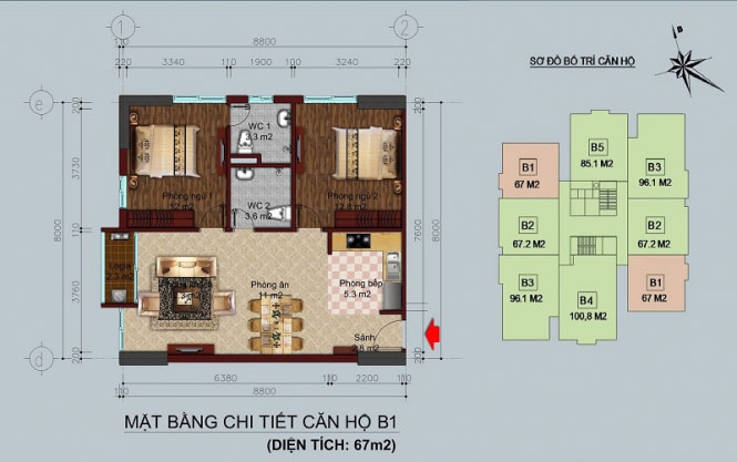 Căn hộ B1 diện tích 67m2