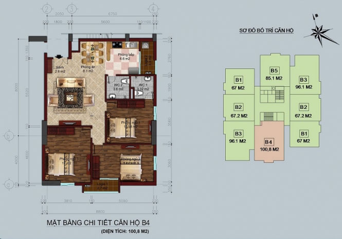 Căn hộ B4 diện tích 100.8m2