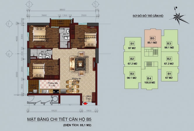 Căn hộ B5 diện tích 85.12m2