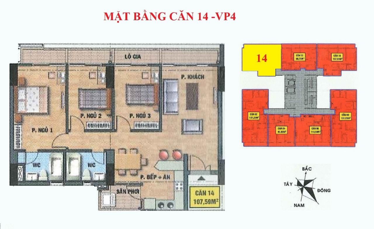 Mặt bằng căn hộ 14-VP4 bán đảo linh đàm