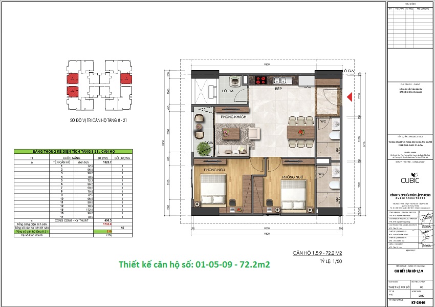 Thiết kế căn hộ số: 01-05-09 - 72.2m2